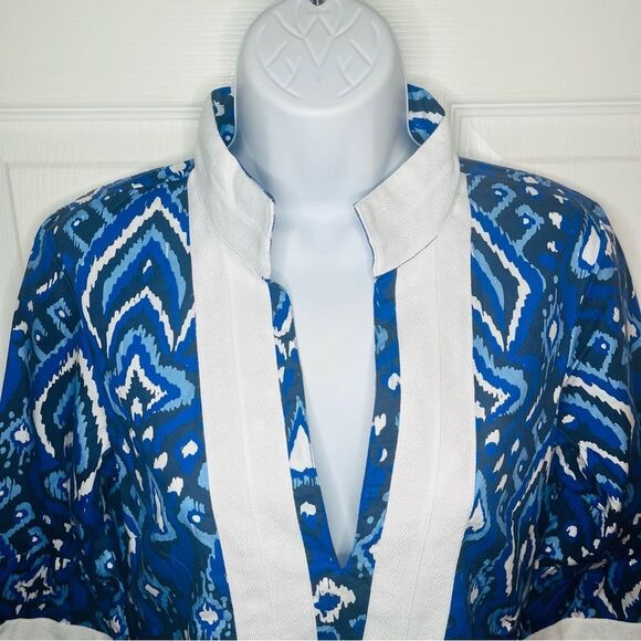 SAIL TO SABLE Bell Sleeve Caftan Midi Dress Cotton Ikat Navy Blue White XS NWT - Picture 5 of 9